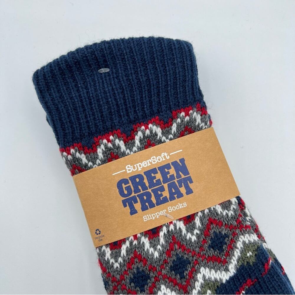 Green Treat Navy Red White Printed Slipper Socks Men’s Size 8-12 - Picture 2 of 6